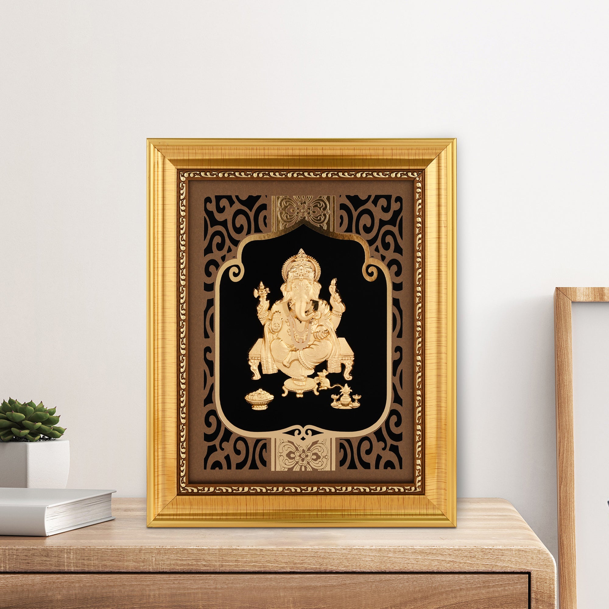 MOKSHA CRAFT India God Hinduism God 24K Gold Plated Ganesha Statue Frame Handmade Diwali Gift Gilded 8 X 10