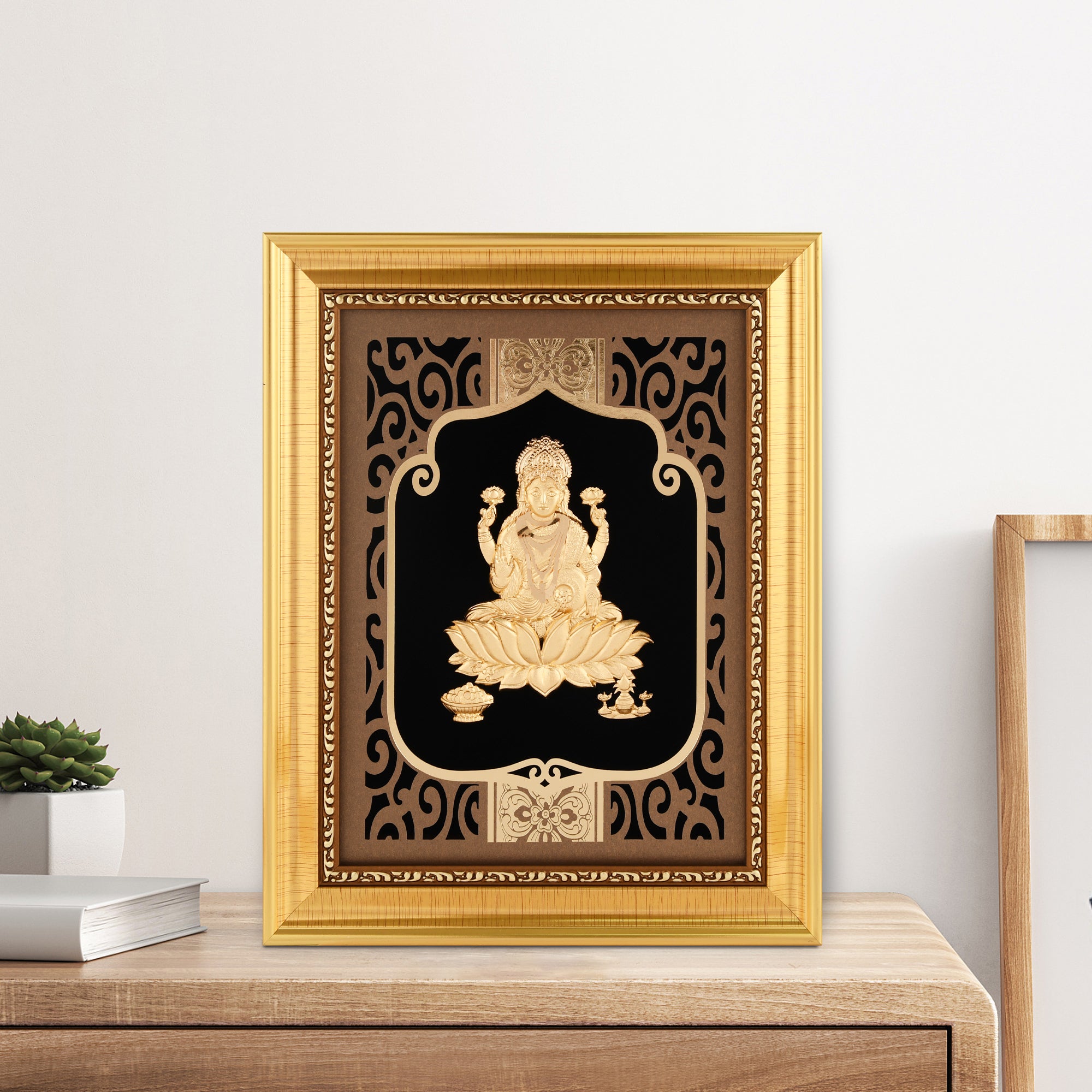 MOKSHA CRAFT India God Hinduism God 24K Gold Plated Laxmi Statue Frame Handmade Diwali Gift Gilded 8 X 10 EGMKC-FRLM-0810