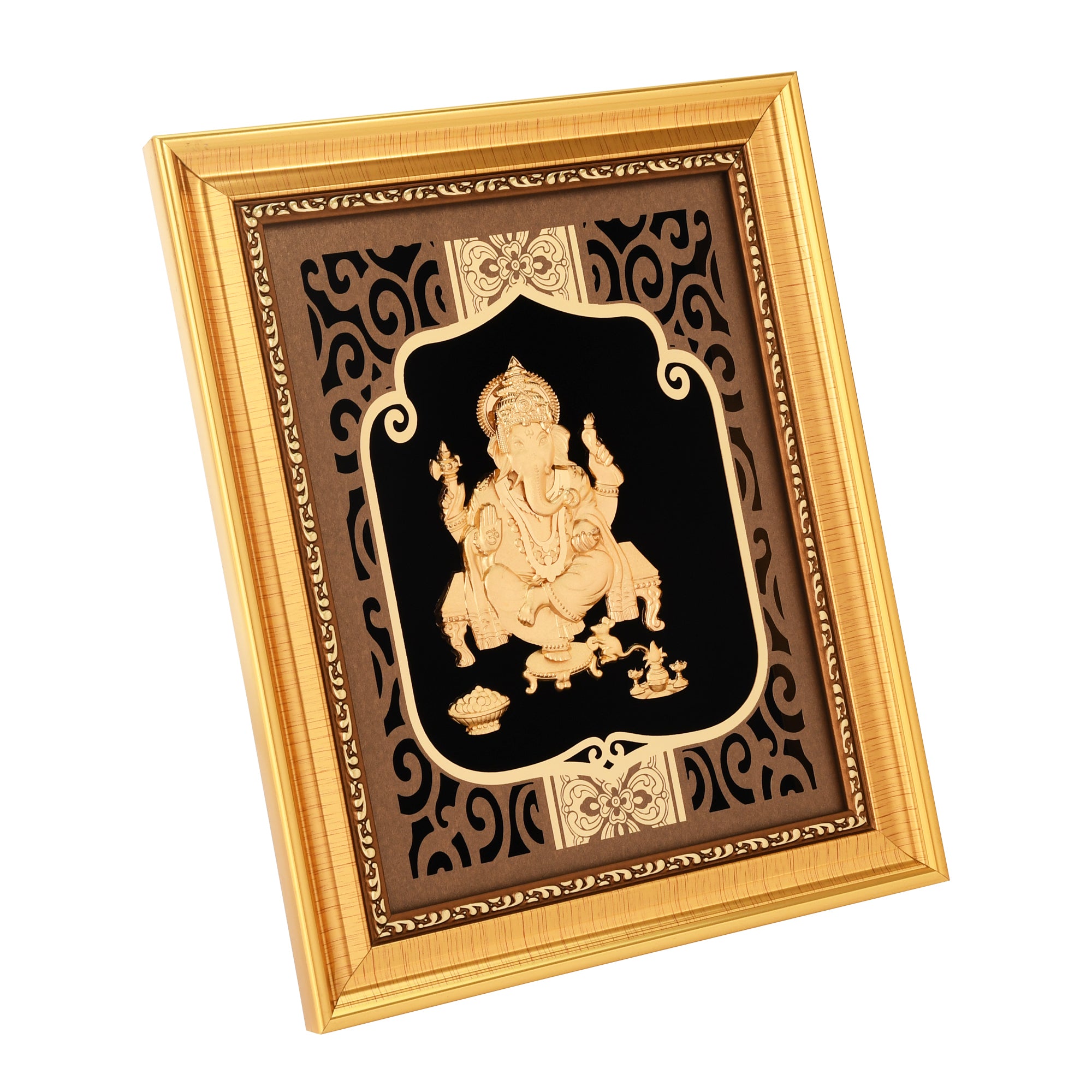 MOKSHA CRAFT India God Hinduism God 24K Gold Plated Ganesha Statue Frame Handmade Diwali Gift Gilded 8 X 10