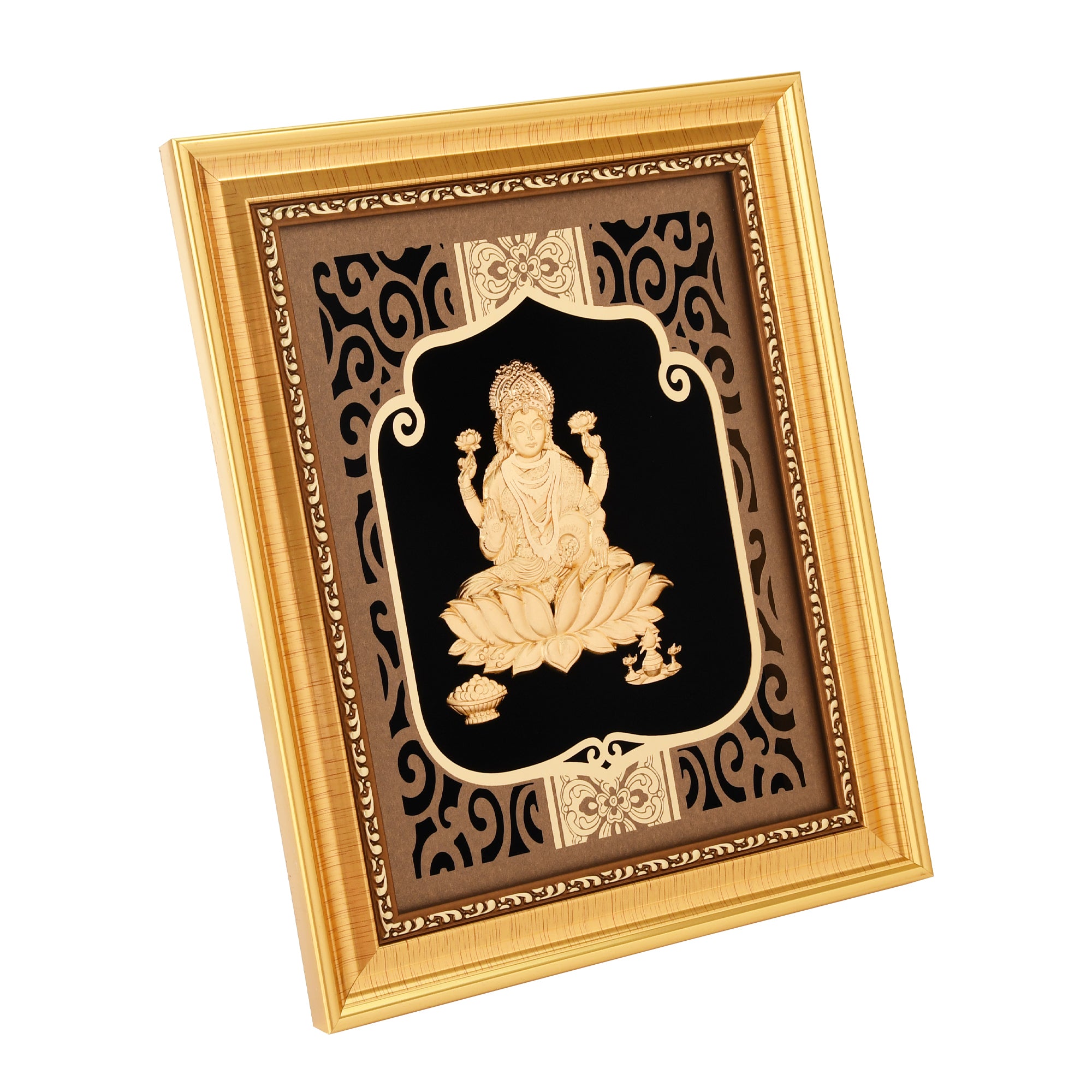 MOKSHA CRAFT India God Hinduism God 24K Gold Plated Laxmi Statue Frame Handmade Diwali Gift Gilded 8 X 10 EGMKC-FRLM-0810