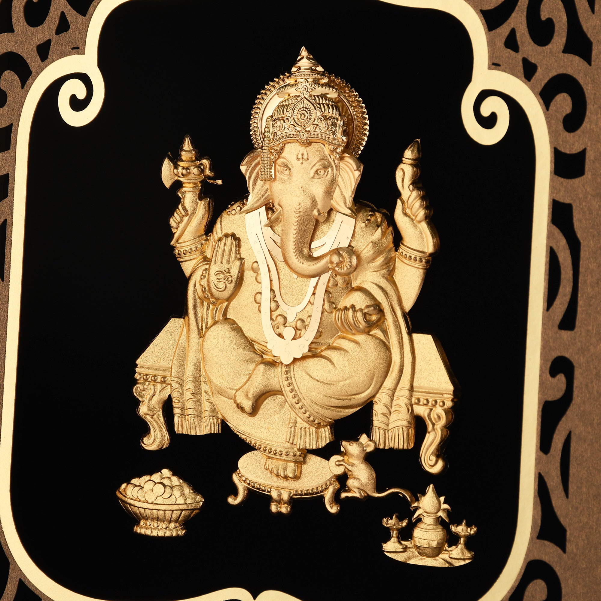 MOKSHA CRAFT India God Hinduism God 24K Gold Plated Ganesha Statue Frame Handmade Diwali Gift Gilded 8 X 10