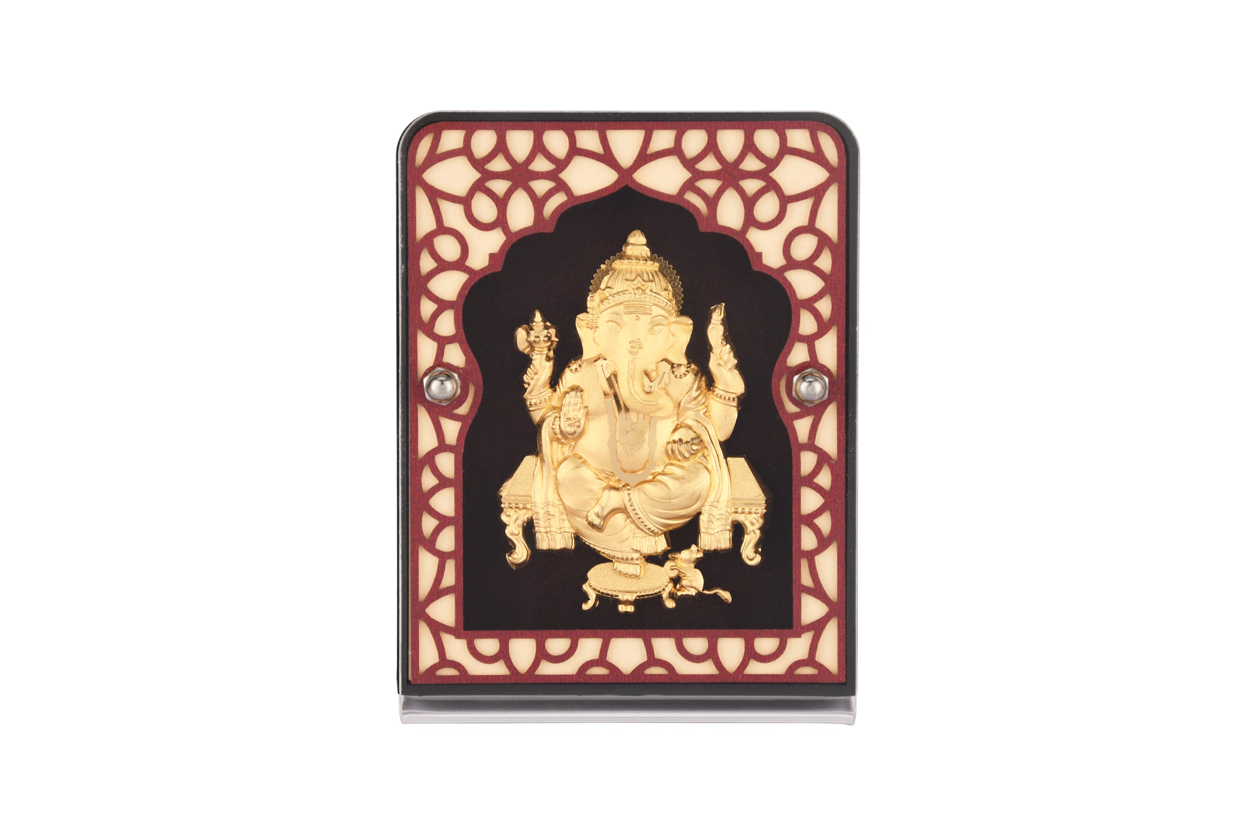 India God Hinduism God 24K Gold Plated Ganesha Screen Frame Handmade Diwali Gift Gilded 2.8 x 3.5