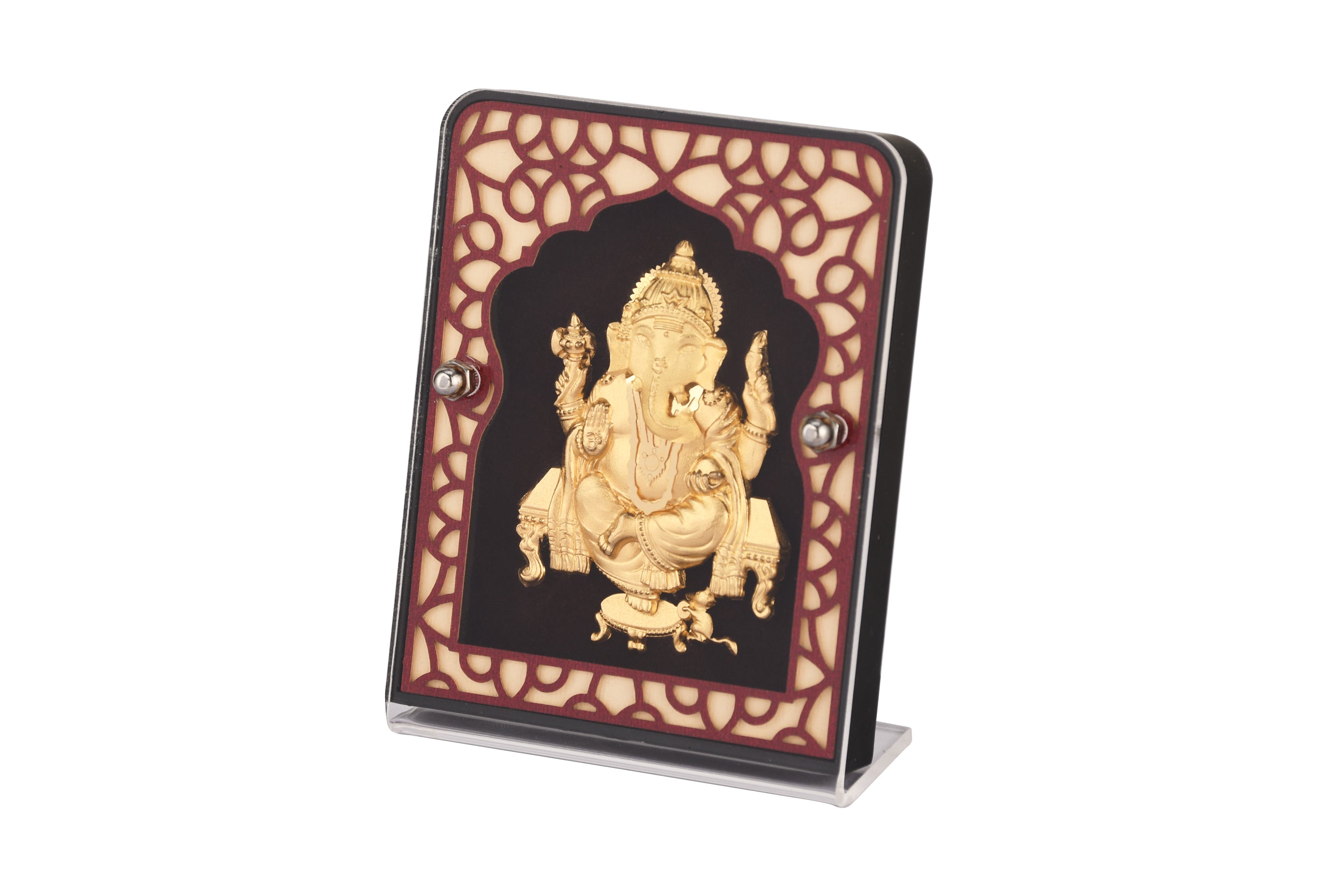 India God Hinduism God 24K Gold Plated Ganesha Screen Frame Handmade Diwali Gift Gilded 2.8 x 3.5